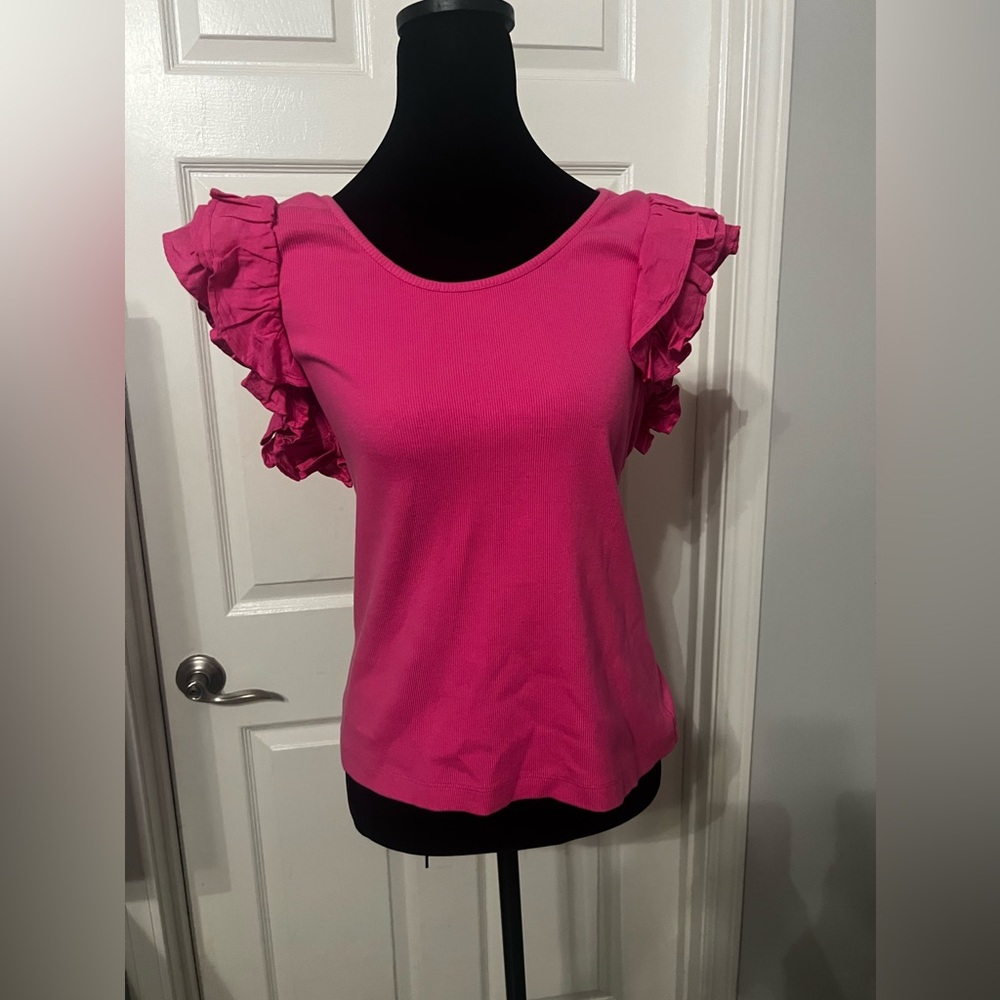 Boston Proper Pink Ruffle Sleeve Top
